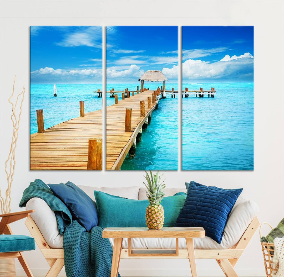 Tropical Pier Triptych Wall Art, Stunning Turquoise Ocean and Wooden Dock Canvas Print, Coastal Beach House Decor, Ocean View Canvas Art