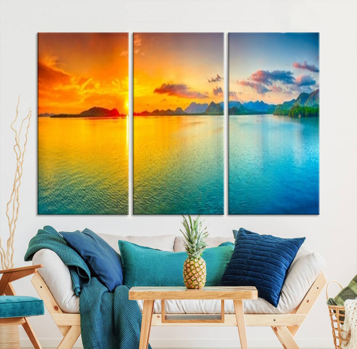 Impresión en lienzo de arte de pared grande, puesta de sol colorida, mar y montaña para decoración de sala de estar