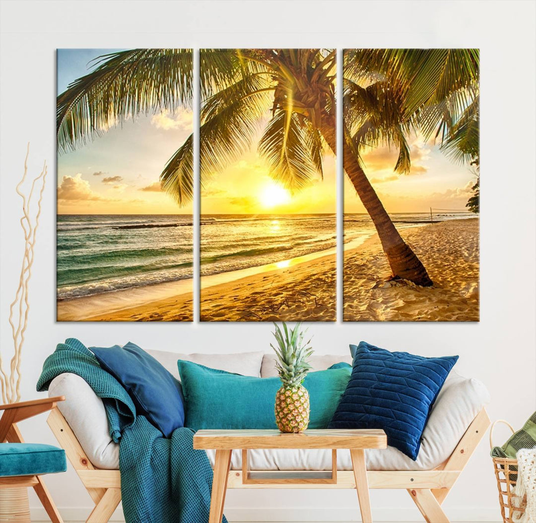 Impresión en lienzo de arte de pared grande Palmera en la playa al atardecer brillante