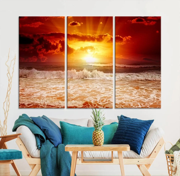 In a modern living room, the vibrant "Wall Art Canvas Perfect Sunset Turns Colour of Sea and Sky to Red," printed on museum-quality canvas, stands out. A floor lamp casts warm light over the ready-to-hang artwork, which includes a UV-protective coating to ensure lasting brilliance.