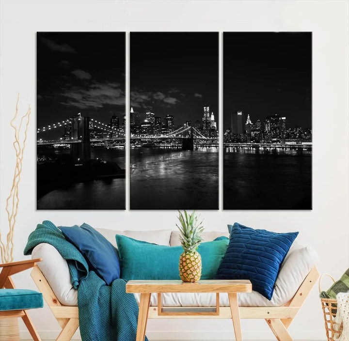 The "NEW YORK Canvas Prints Black and White Brooklyn Bridge Print" is a stunning triptych showcasing the iconic city skyline and bridge. Printed on museum-quality canvas with a UV-protective coating, it is ready to hang and instantly elevates your decor.