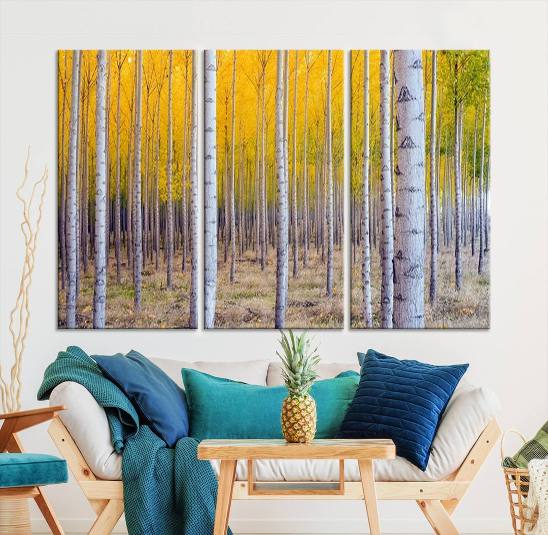 Impresión artística de pared con bosque de abedules en otoño