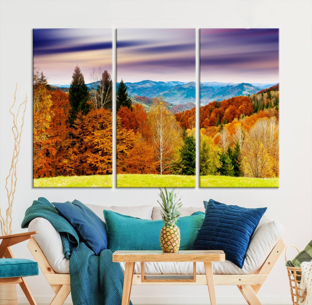 Autumn Colorful Forest Blue Mountains and Purple Sky at Sunset Wall Art Canvas Print