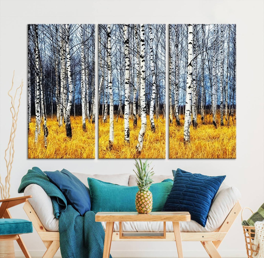 Impression d’art mural de bouleaux, art mural paysage, impression sur toile, arbres sans feuilles sur fond jaune