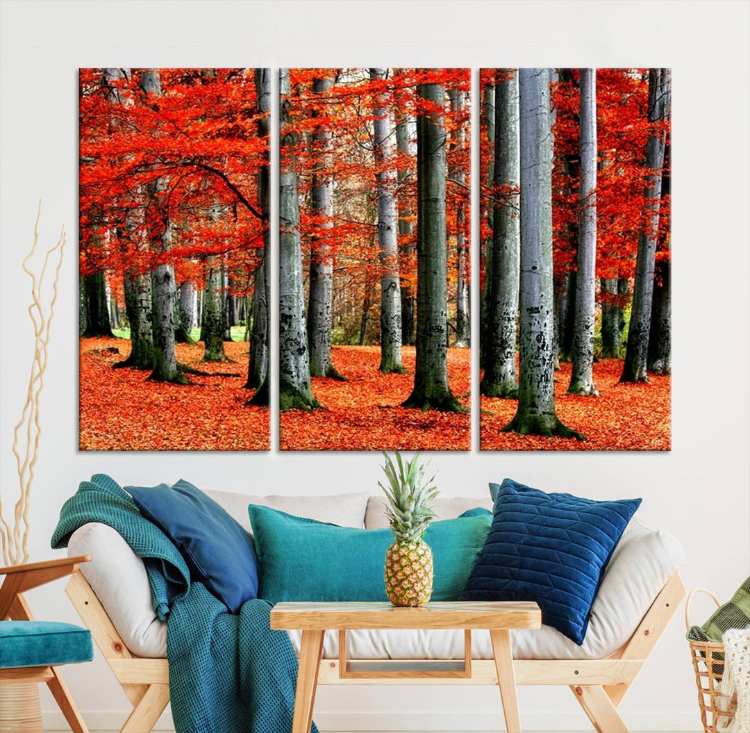 Impression sur toile de paysage d'art mural, feuilles rouges sur des arbres sur fond rouge