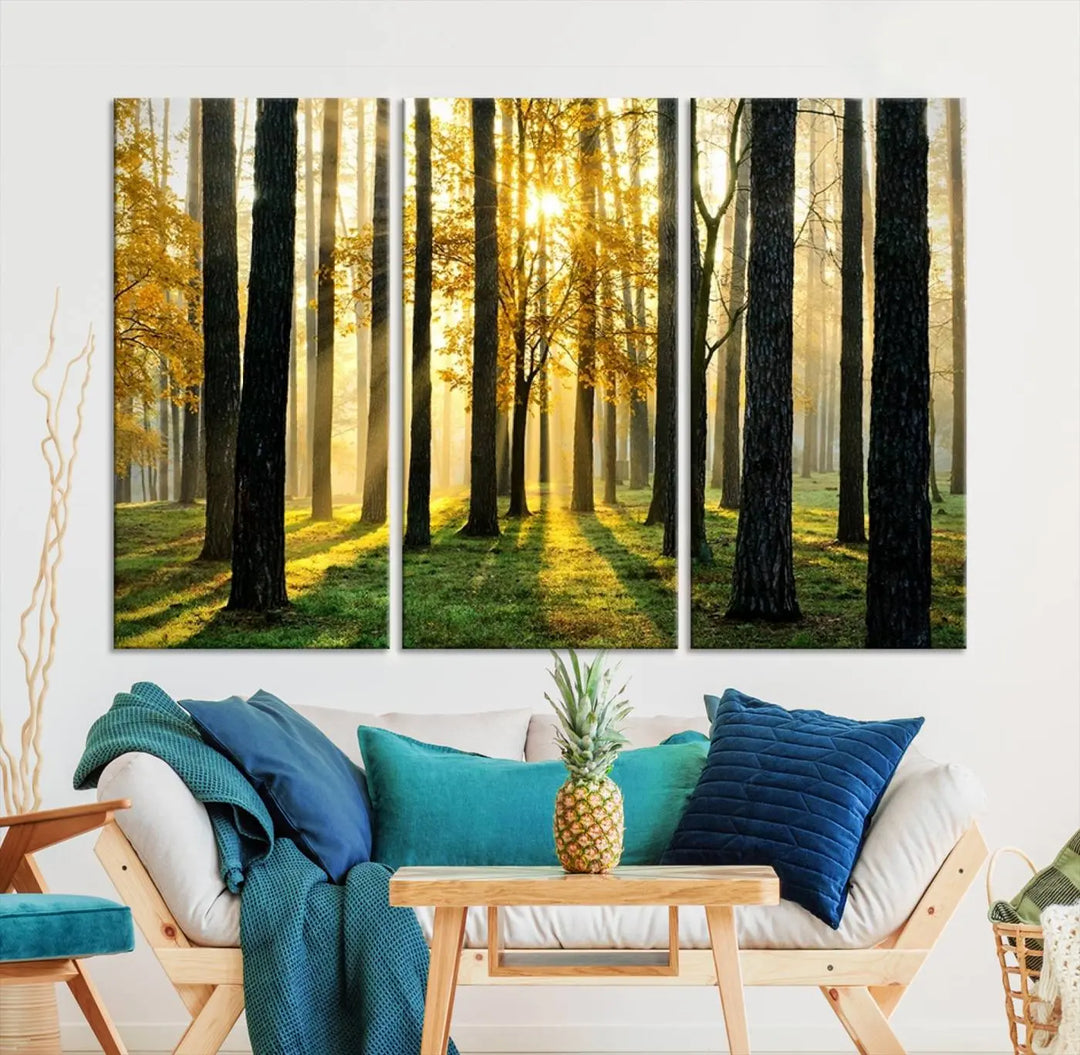 The living room is enhanced by the "Wall Art Landscape Canvas Print Tall Trees in Forest at Sunset" on museum-quality canvas. This triptych, complete with a UV-protective coating, is ready to hang and adds an artistic touch to the space.