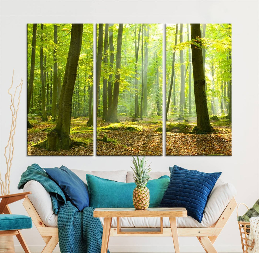 Impression sur toile de paysage d'art mural Soleil dans la forêt verte