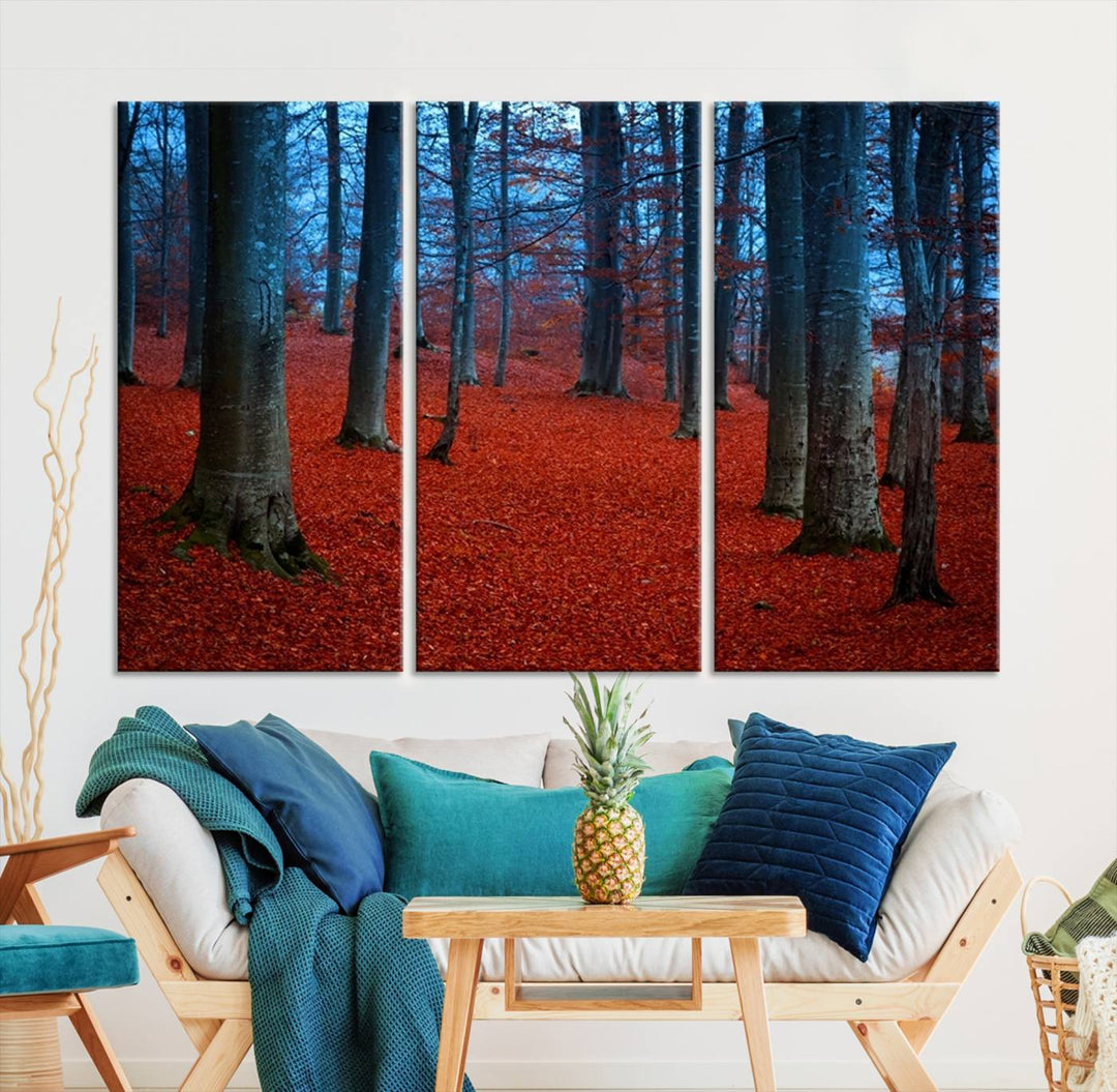 Impresión de lienzo de paisaje de arte de pared extra grande - Hojas rojas en bosque azul