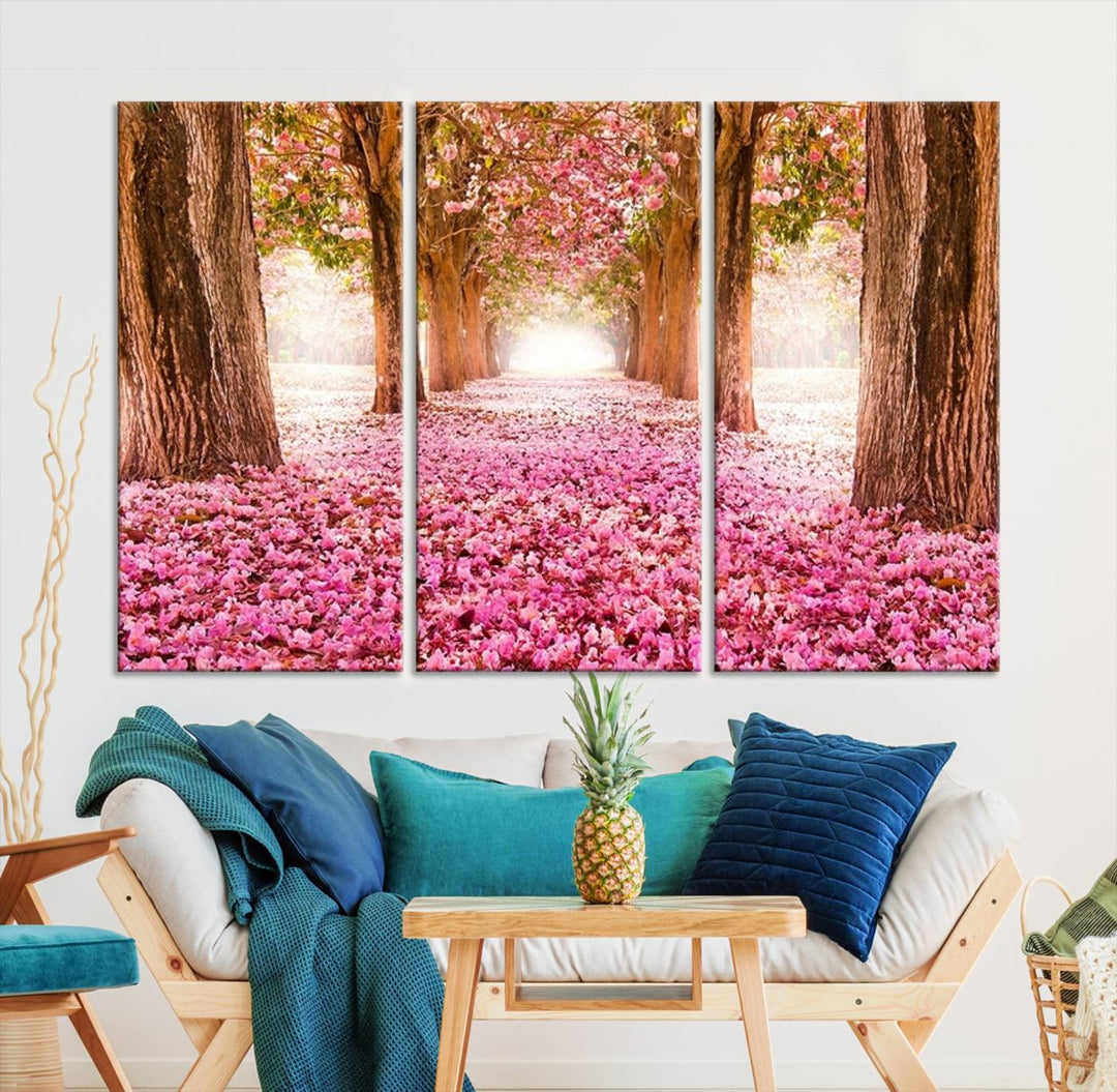 Blossom Cherry Canvas Print Walking on Pink Flowers Between Trees