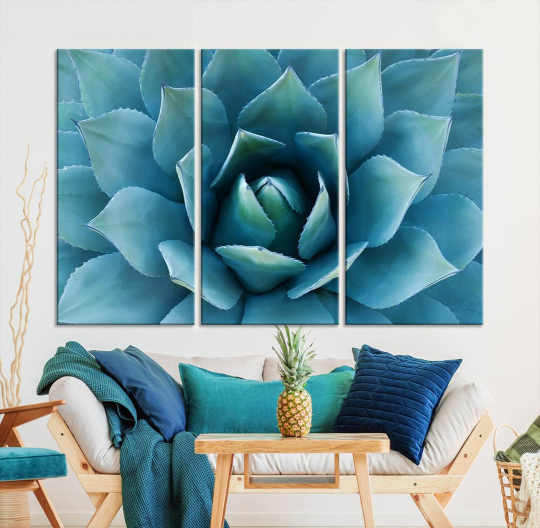 A stunning Large Agave Succulent Canvas Wall Art, a botanical close-up print perfect for modern living rooms, hangs prominently.