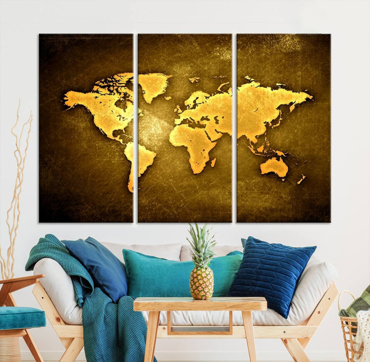 A Yellow World Map on a Metallic Yellow Background adorns the wall, arriving ready to hang and effortlessly infusing an elegant touch into your living space.