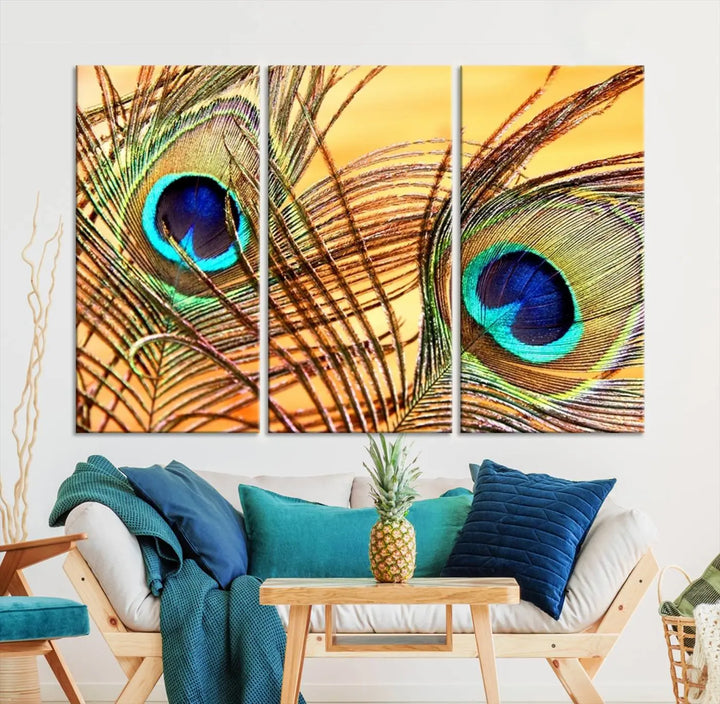 The Peacock Feather Wall Art Print, showcasing a vibrant green, blue, and orange feather design and ready to hang, adorns the space.