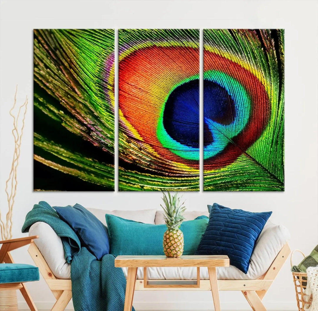 The living room features the "Colorful Peacock Feather Wall Art Print," showcasing a vibrant green, blue, and orange design elegantly displayed above a modern sofa.