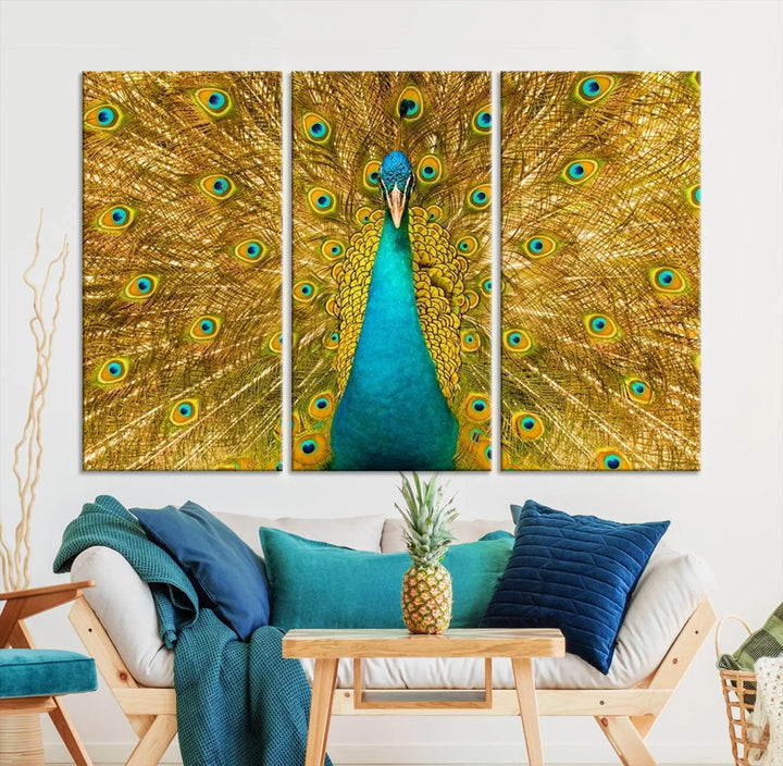 The Peacock Wall Art Canvas Print, featuring a vibrant triptych design of a peacock with intricate feather details and printed on museum-quality canvas with UV-protective coating, brings an artistic flair to the elegant space. Ready to hang, it enhances the modern living room with its striking presence.