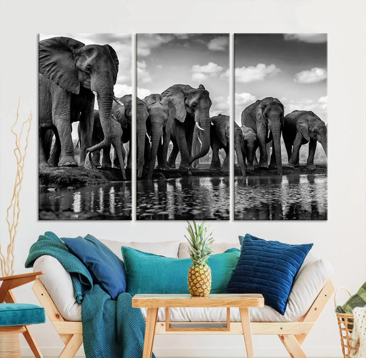 A stunning "Wall Art Animal Canvas Print" featuring a black and white photo of a herd of elephants drinking water is elegantly displayed, gallery wrapped on museum-quality canvas.