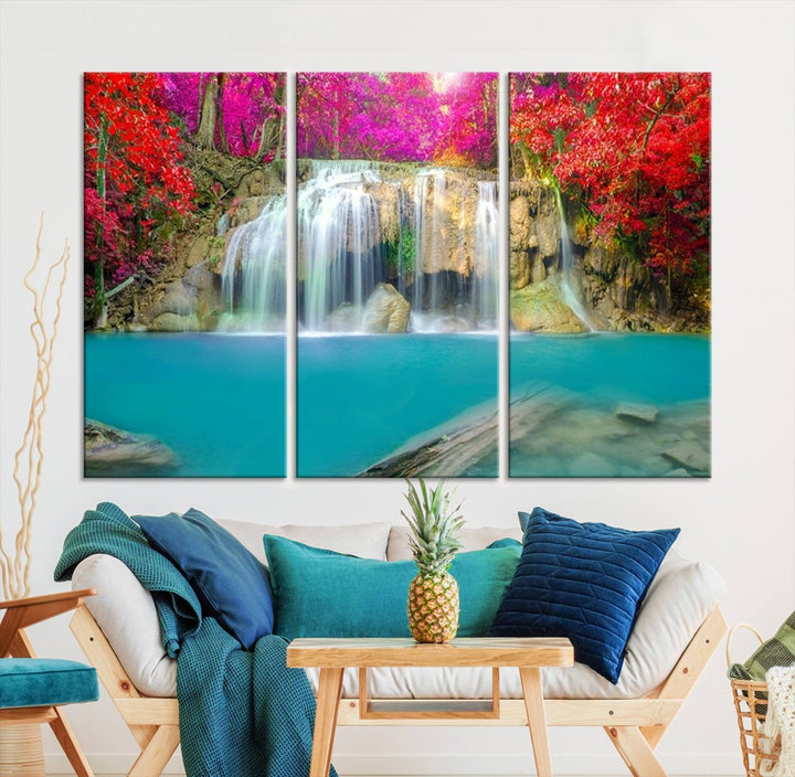 Wall Art Waterfall Landscape with Pink and Red Flowers in Forest Canvas Print