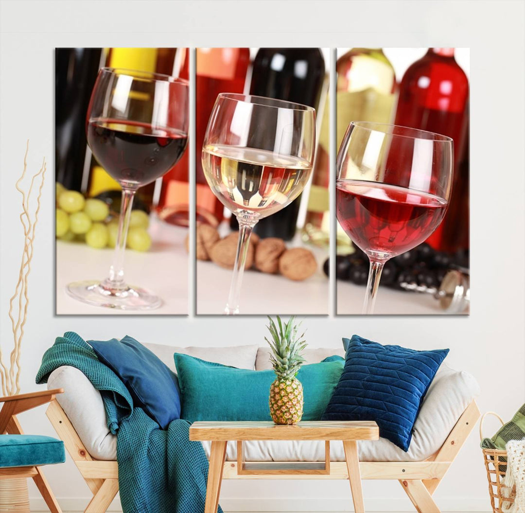 Wall Art Red, White and Rose Wine in Glass Canvas Print