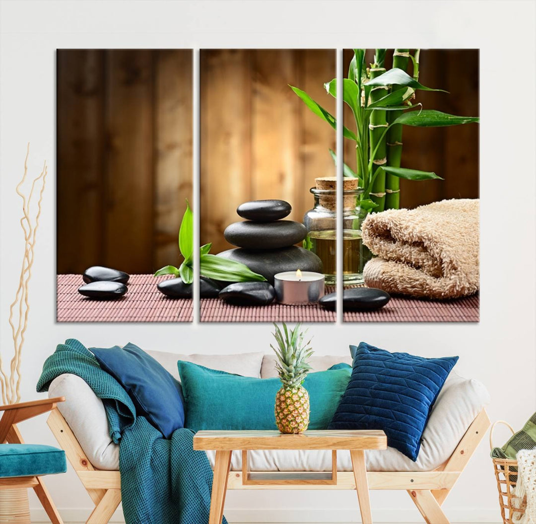 Zen Serenity Triptych Canvas Art, Pink Lotus Flower and Balancing Stones Wall Art, Tranquil Water Lily Canvas Print