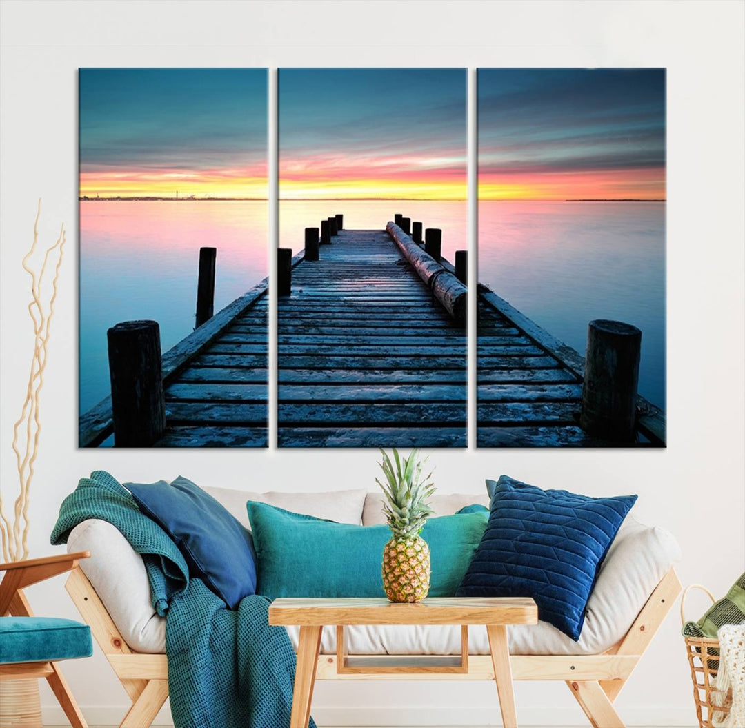 Wall Art Vintage Wooden Pier on Sea at Sunset Canvas Print