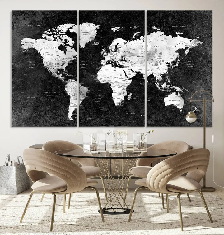 Modern Grayscale World Map 3-Panel Canvas Art | Ready to Hang, Framed | Stylish Minimalist Wall Décor for Home, Office, Living Room, or Study Spaces 