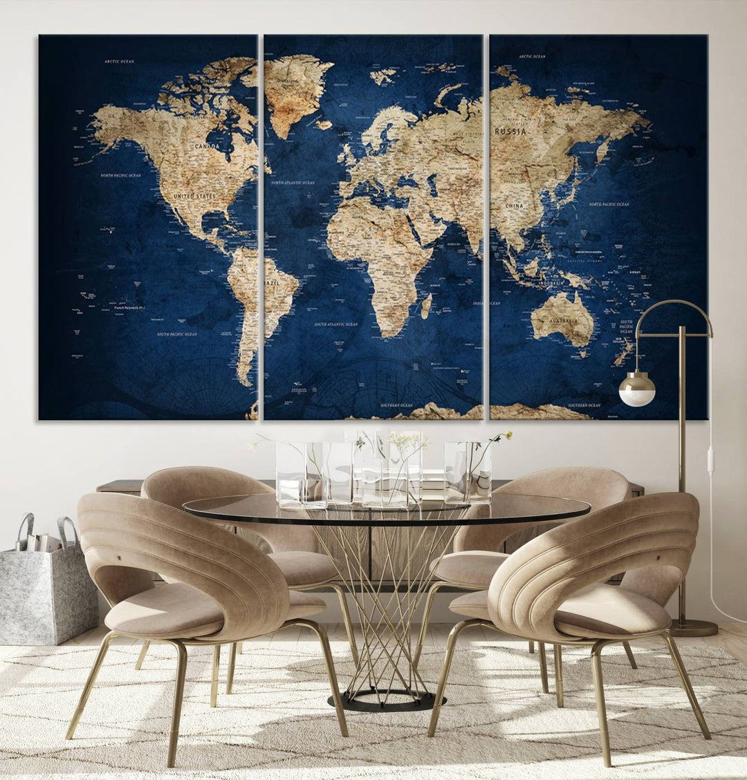 A triptych canvas print titled "Vintage Blue World Map Canvas Print - Classic World Map Design on Deep Blue Wall Art Print" adorns the wall, enhancing the decor with its antique style.