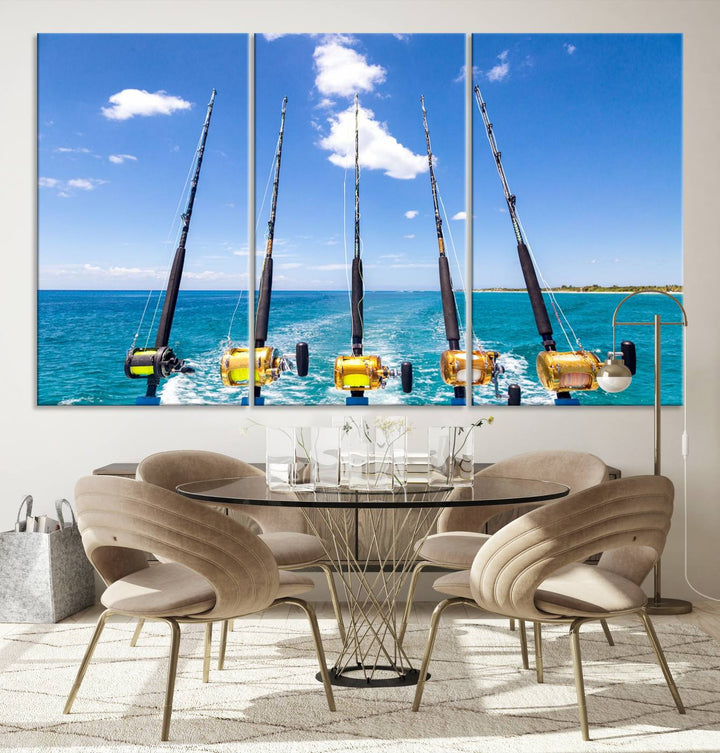 Fishing Roads on Boat Canvas Wall Art Print Ocean Seascape Art Print