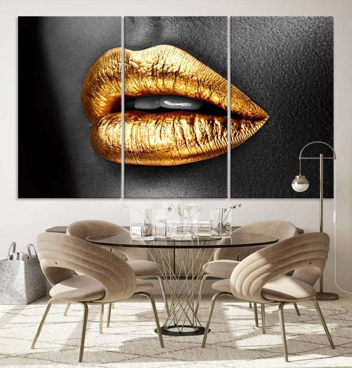 Gold Lips Canvas Wall Art Print Makeup Wall Art Fashion Beauty Canvas Print