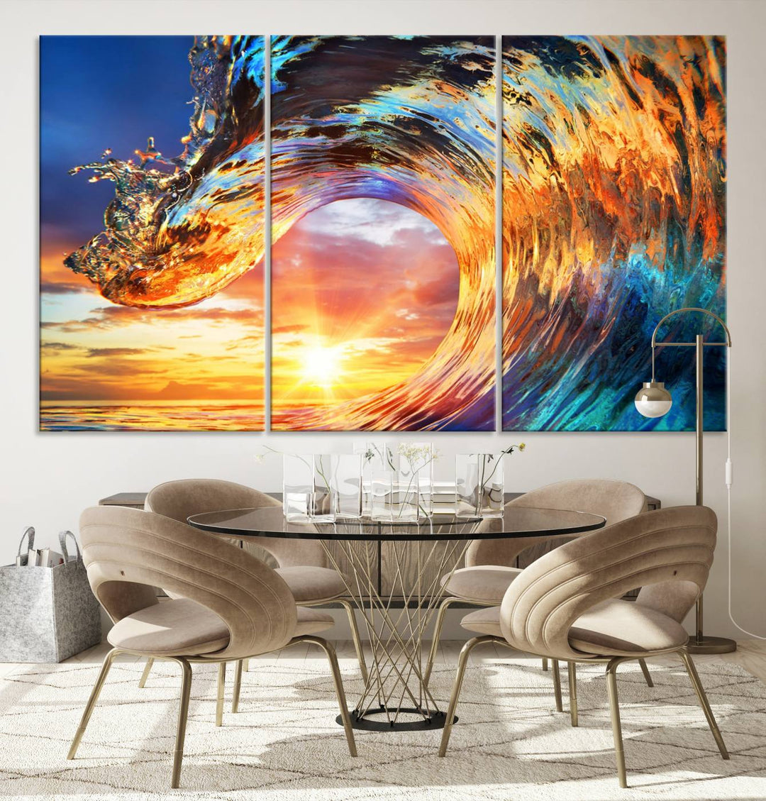 Wave Canvas Wall Art – Multi-Panel Sunset Ocean Scene – Bold and Vibrant Decor for Living Room or Office – Ready to Hang