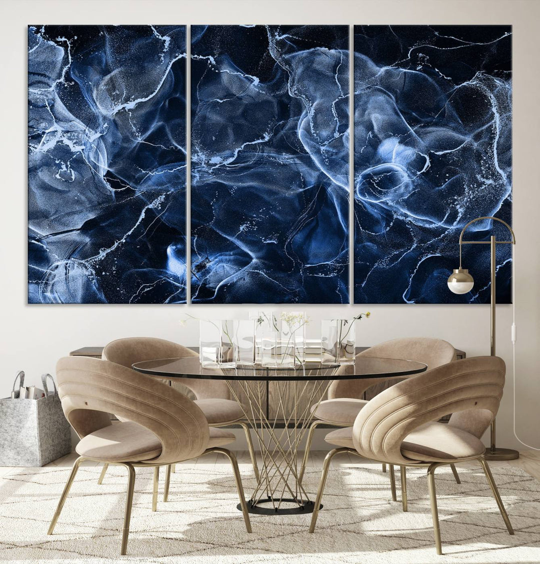 Arte de pared grande con efecto ahumado de mármol azul, lienzo abstracto moderno, impresión artística de pared