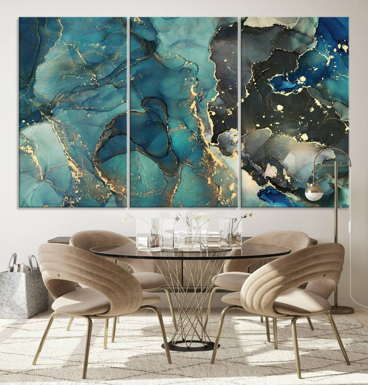 Green and Gold Marble Fluid Effect Wall Art Abstract Canvas Wall Art Print