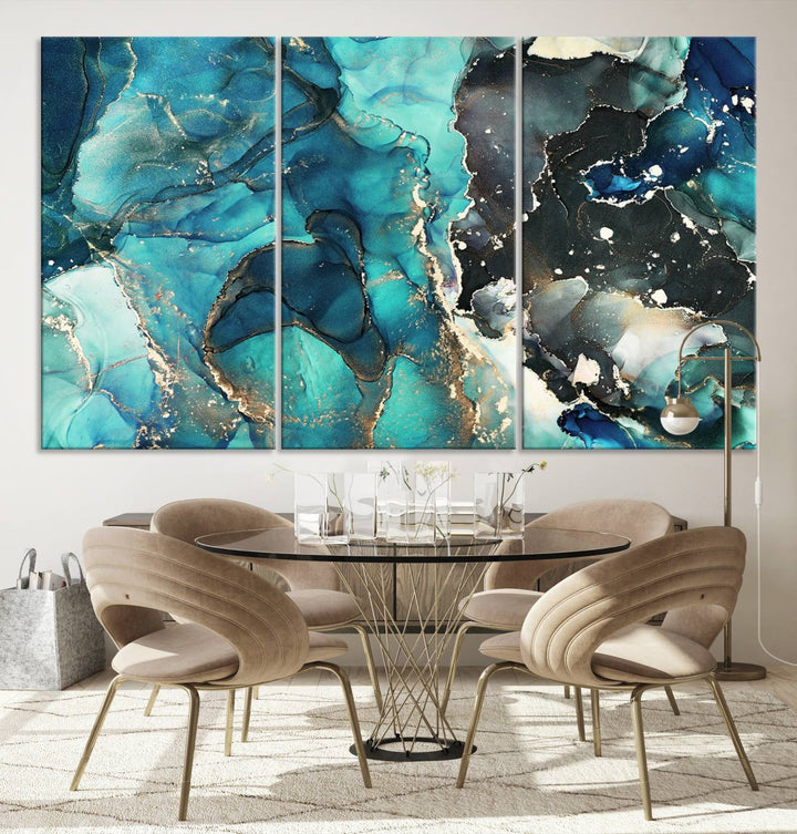 Stylish Teal Color Gold Abstract Canvas Wall Art Print