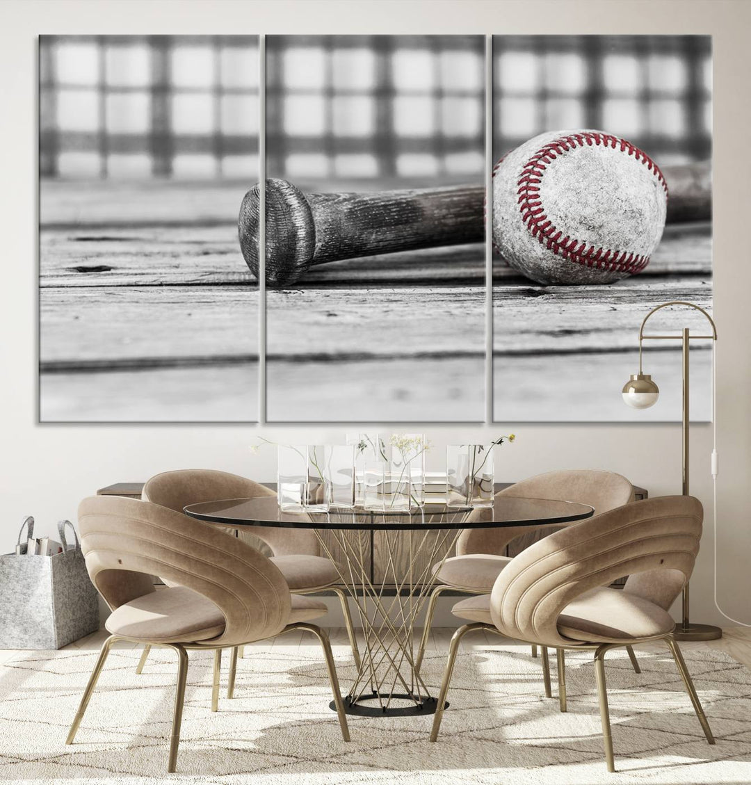 Lienzo de béisbol vintage para pared, impresión de béisbol, arte imprimible, arte retro, deportes, arte de pared, impresión en lienzo grande, varias piezas enmarcadas listas para colgar, juego de 3 paneles de lienzo, fotografía en blanco y negro