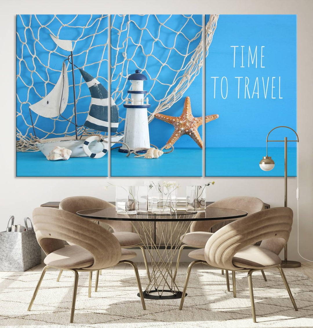 Sailing Boat Starfish and Lighthouse Wall Art Canvas Print