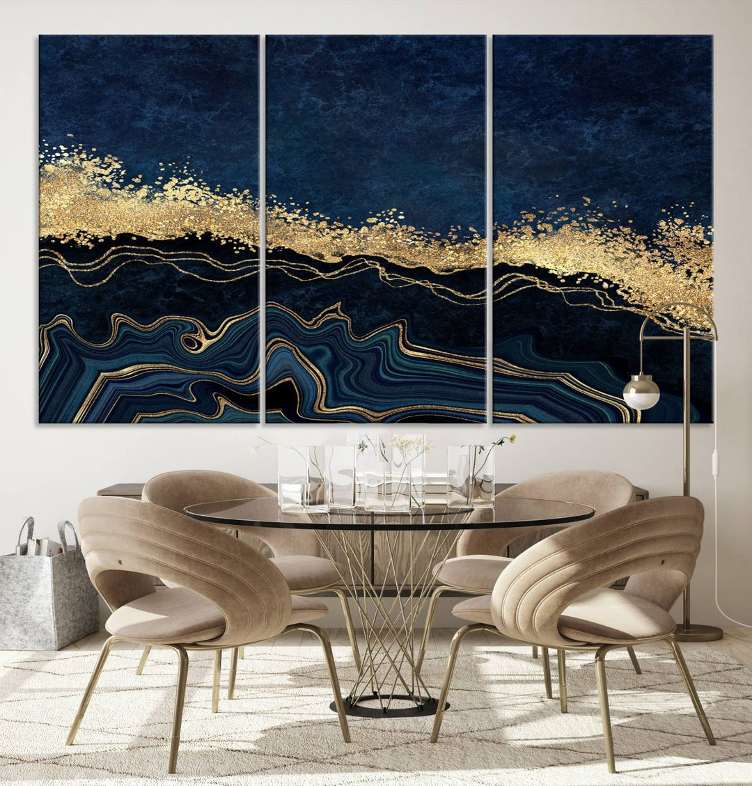 Navy Blue Marble Fluid Effect Large Wall Art Modern Abstract Canvas Wall Art Print