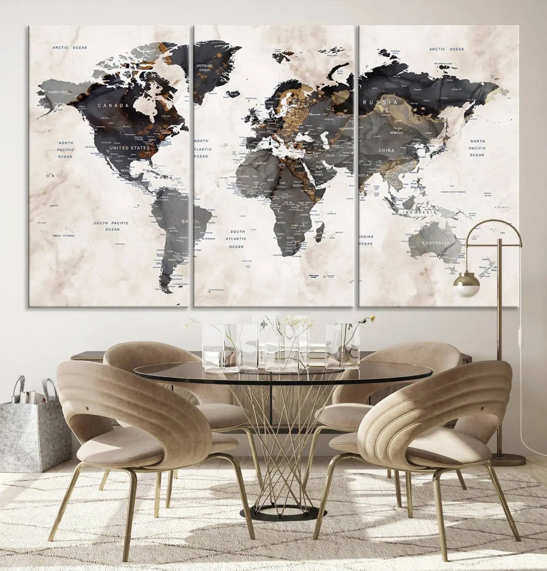 The dining room wall is adorned with the World Map Canvas Print – Earthy Triptych Wall Art, a vintage global map decor featuring dark continents.