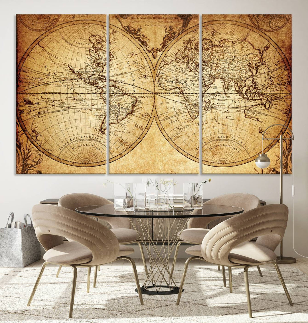 Vintage World Map Wall Art | 3-Panel Canvas Print for Living Room, Office, or Study | Giclee Canvas with Antique Design