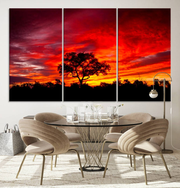 Red Sunset Landscape Artwork Printing, Forest Tree Wall Art Canvas Print