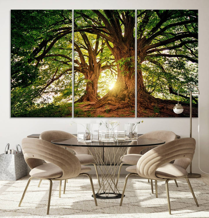 Description: Majestic tree canvas wall art, giclee print, gallery-wrapped, frameless design.