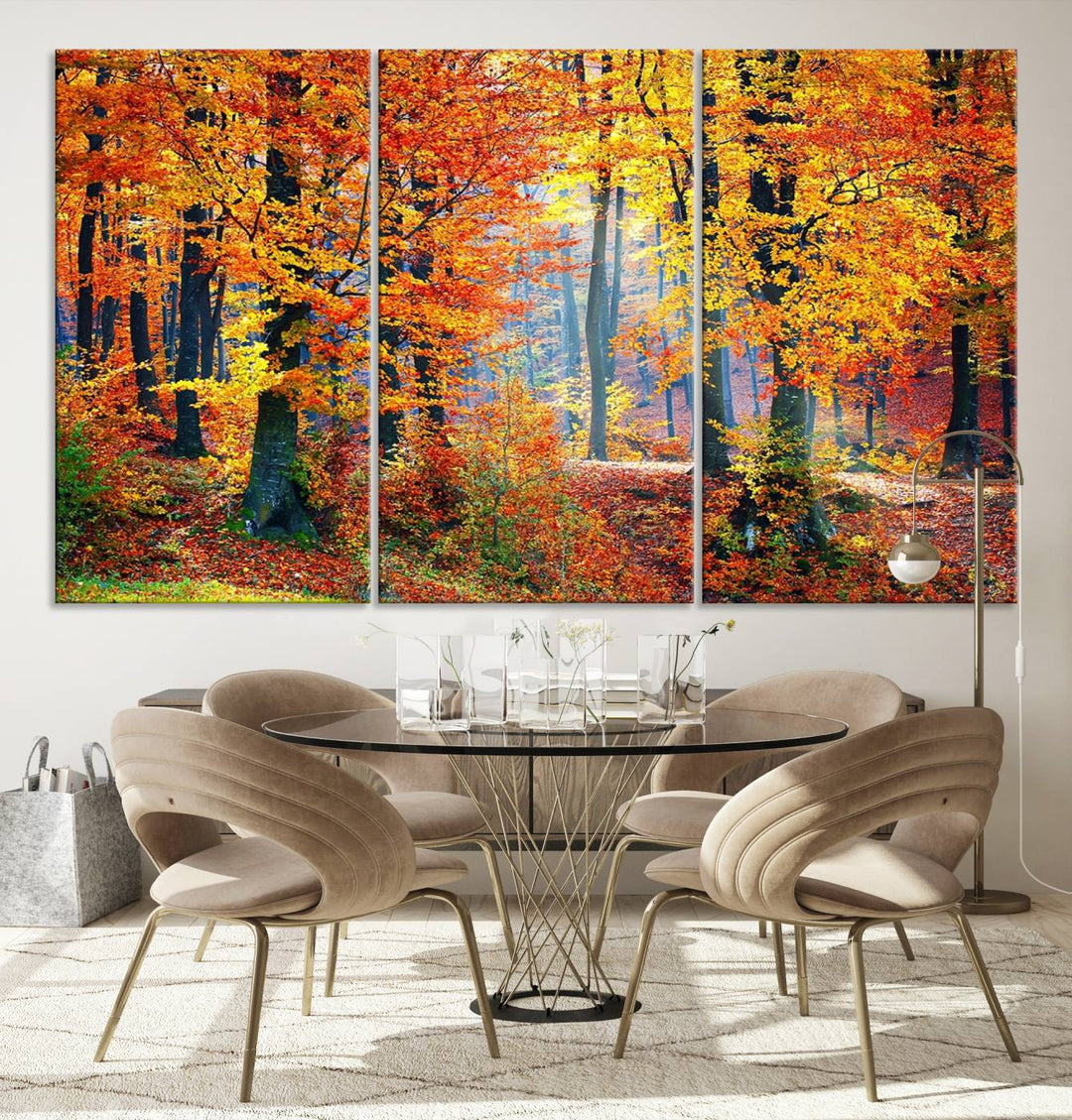 Vibrant autumn forest triptych canvas art, giclee print with fall season colors. Perfect for nature-inspired home or office decor.