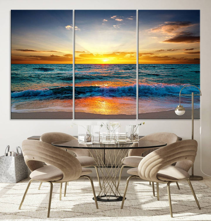 Vibrant Ocean Sunrise Over Golden Beach Waves, Giclee Canvas Wall Art Set, High-Quality Stretched Canvas Print, Ready to Hang Coastal Sunset Wall