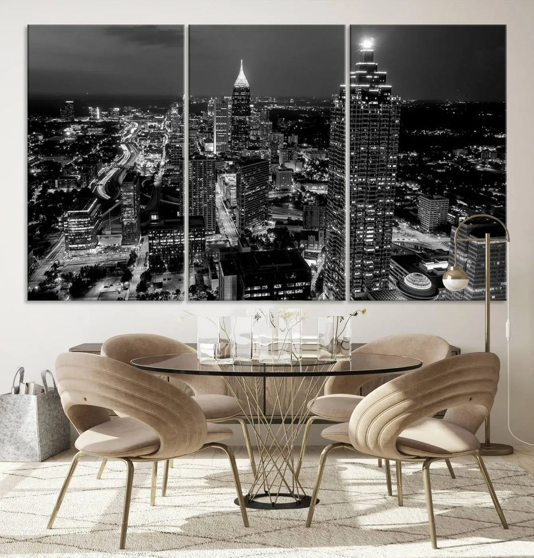 The Atlanta City Lights Skyline Black and White Wall Art Cityscape Canvas Print is elegantly displayed on the wall. These museum-quality canvases arrive ready to hang, making your art display both effortless and sophisticated.