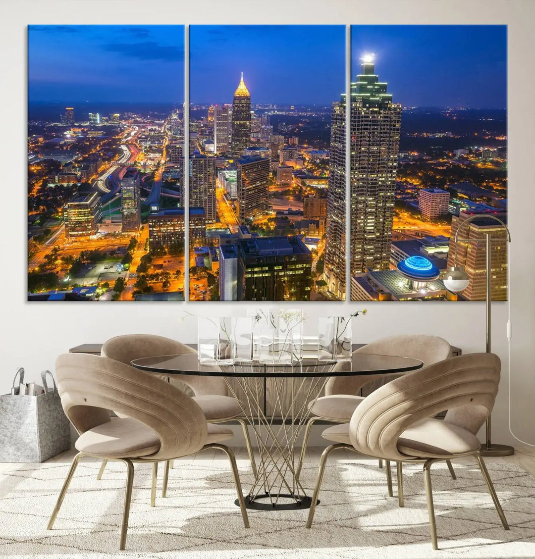 An elegant Atlanta City Blue Skyline Cityscape View Wall Art Canvas Print graces the wall, offering a sophisticated addition to your living space. Enjoy free shipping on this stylish piece.