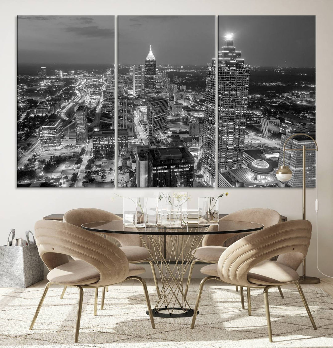 Atlanta City Skyline Art mural noir et blanc Paysage urbain Impression sur toile