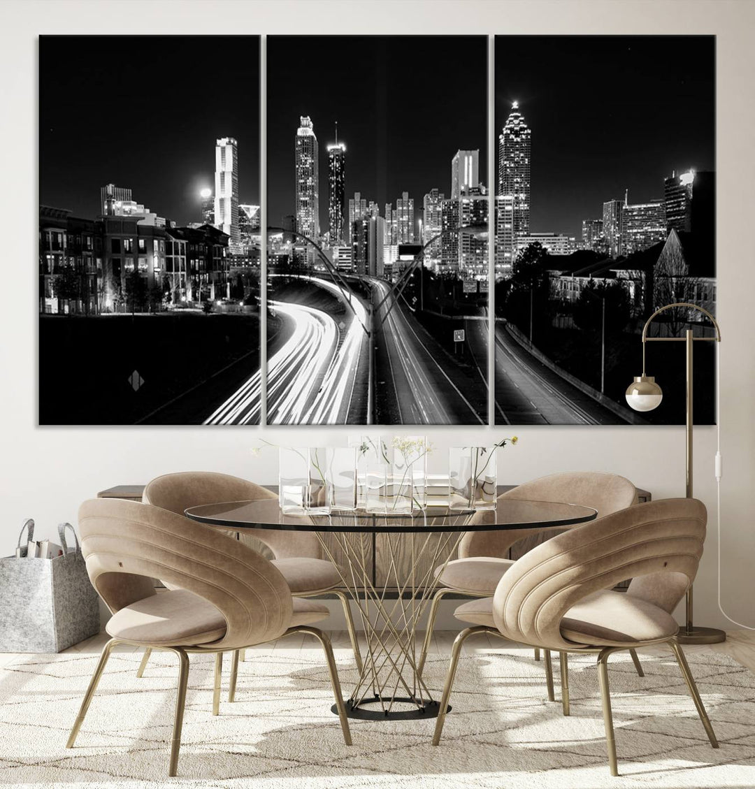 Atlanta City Lights Skyline Art mural noir et blanc Paysage urbain Impression sur toile