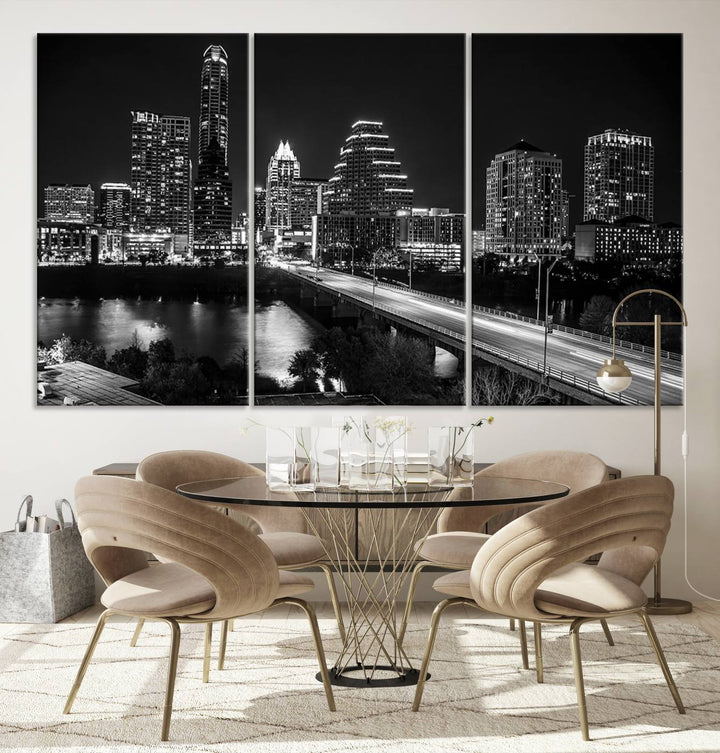 Austin City Lights Skyline Art mural noir et blanc Paysage urbain Impression sur toile