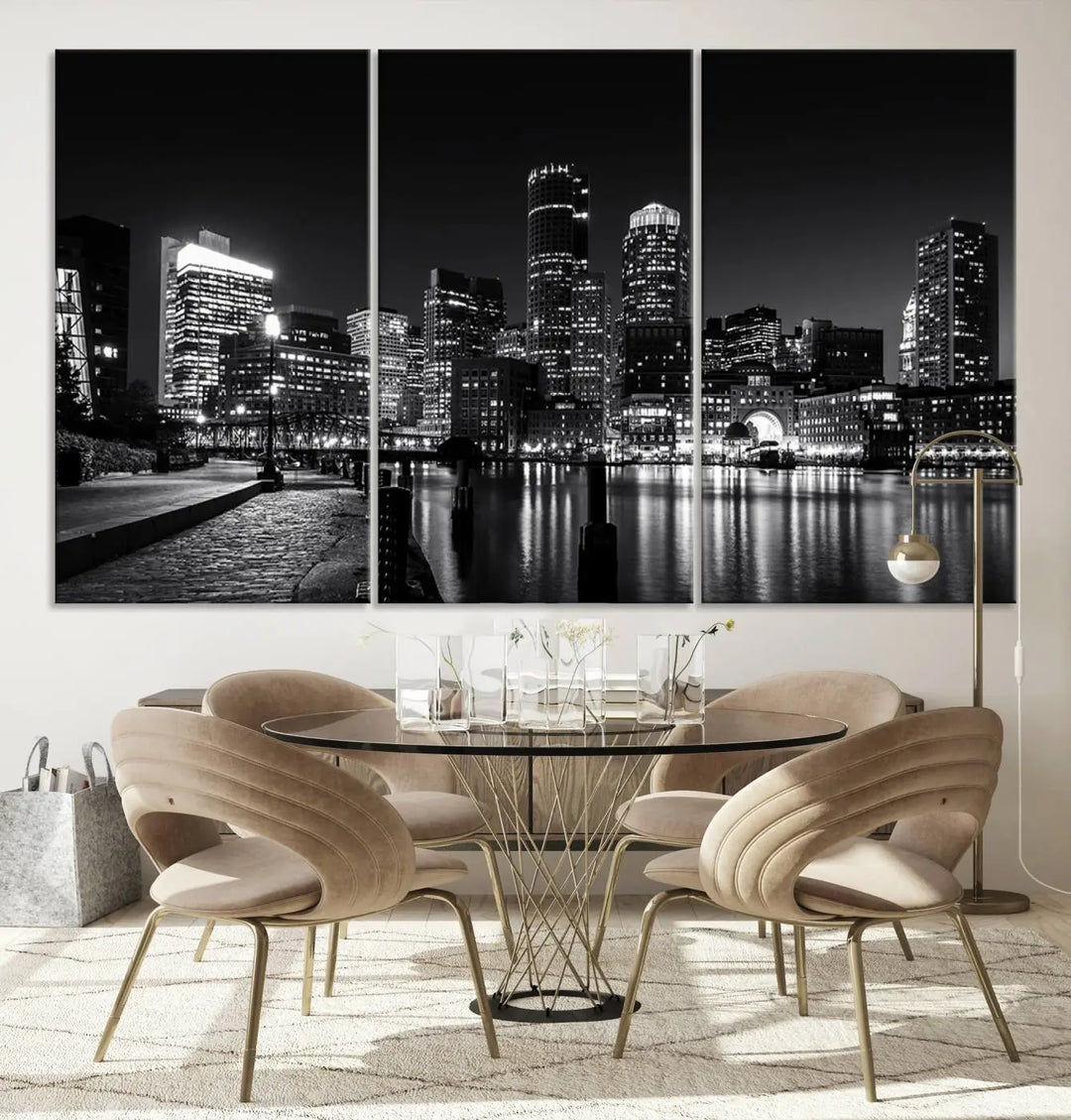 The living room showcases the Boston City Lights Skyline Black and White Wall Art Canvas Print.