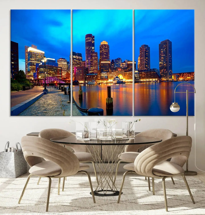 A triptych of the "Boston City Lights Night Blue Skyline Cityscape View Wall Art Canvas Print" adorns the wall. This museum-quality canvas artwork is ready to hang and includes a UV-protective coating for lasting brilliance.