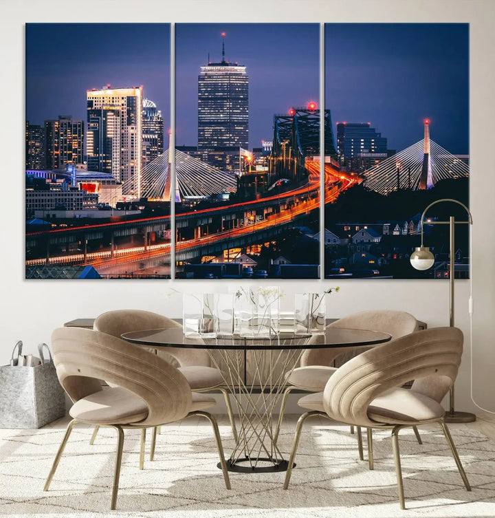 The "Boston City Lights Night Skyline Cityscape View" artwork on the wall showcases a brightly lit bridge at night. It is displayed on museum-quality canvas with a UV-protective coating.