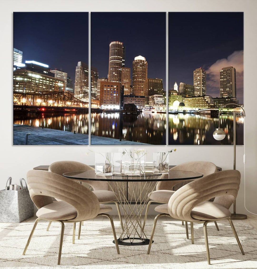 The Boston City Lights Skyline Cityscape View Wall Art Canvas Print showcases a nighttime cityscape on museum-quality canvas.