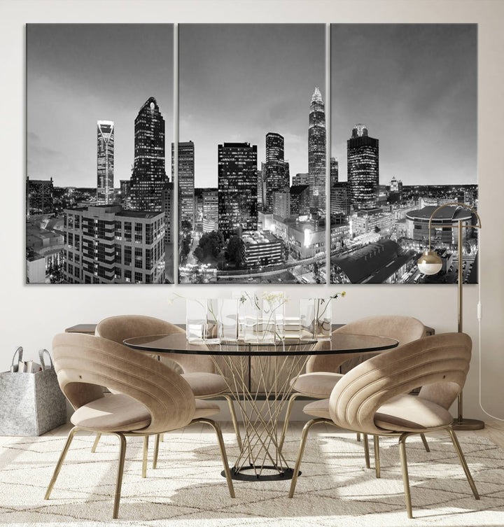 The "Charlotte City Cloudy Skyline Black and White Wall Art Cityscape Canvas Print" hangs on a dark wall, showcasing its UV-protective properties for enduring beauty.